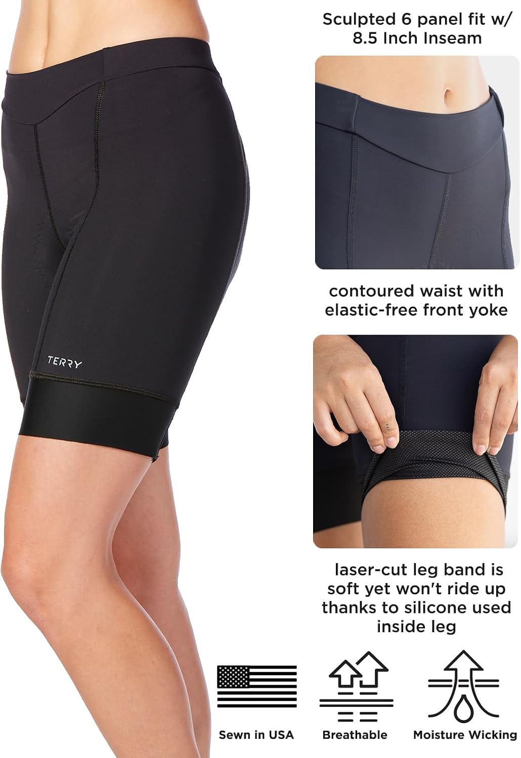 Terry Bella Prima Bike Shorts Womens Padded Bike Shorts 8.5' Inseam Compression Silicone Leg Cycling Shorts Premium Chamois
