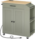 HOOBRO Kitchen Island with Power Outlet, Storage Island with Spice Rack and Drawer, Rolling Kitchen Cart on Wheels, for Home, Dining Room, Natural and Green JN82UZD01G1