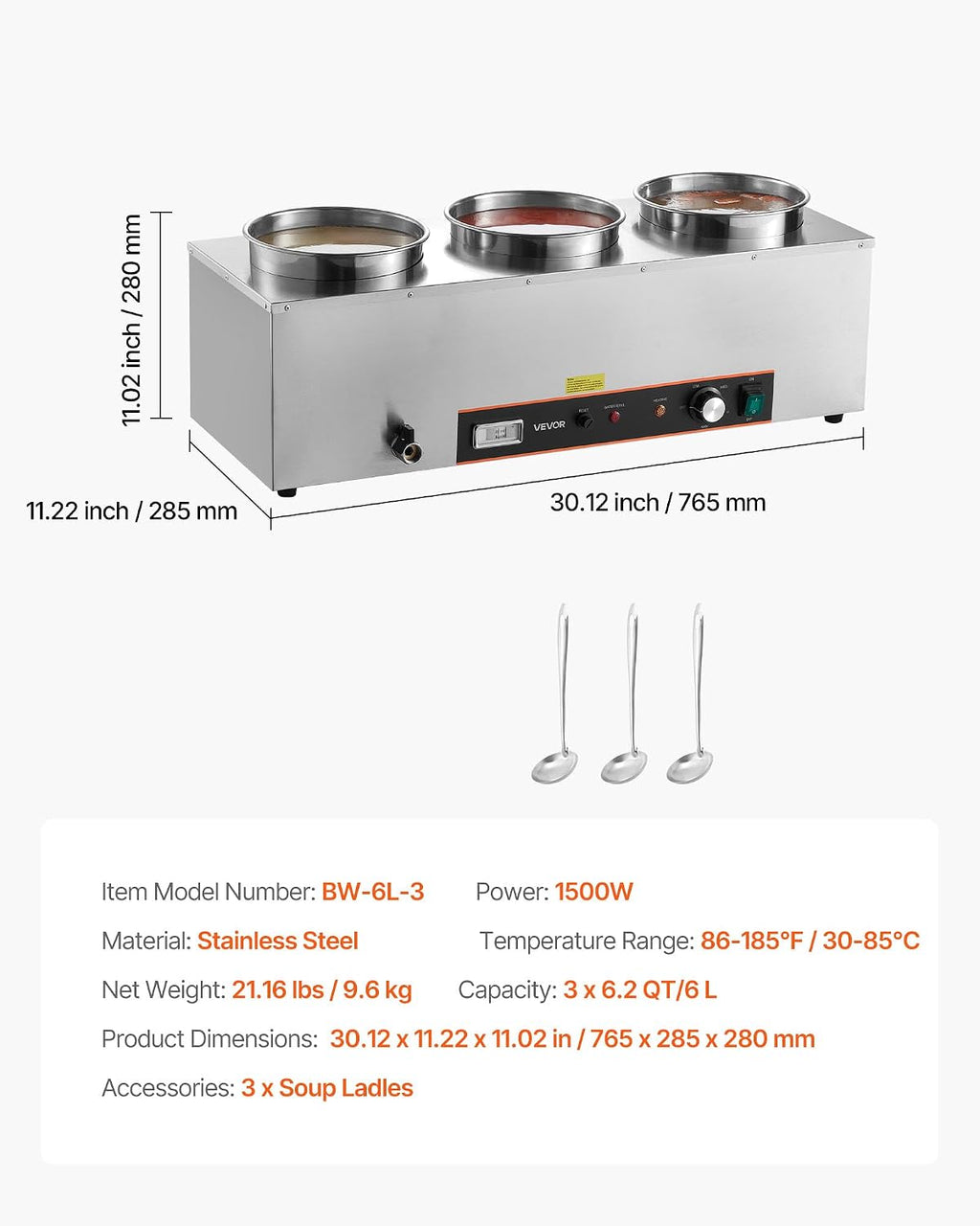 VEVOR Electric Soup Warmer, Three 6.34QT Stainless Steel Round Pot with 86~185°F Adjustable Temp, 1500W Commercial Bain Marie with Anti-Dry Burn and Reset Button, Soup Station for Restaurant, Buffet