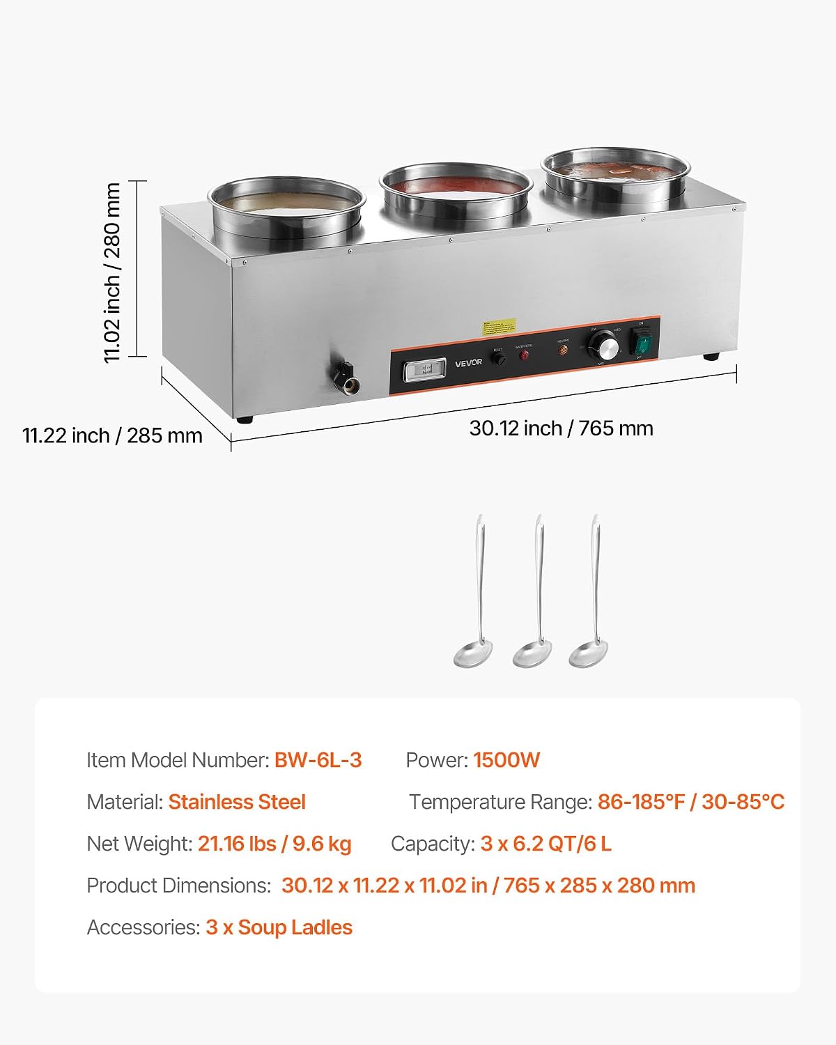 VEVOR Electric Soup Warmer, Three 6.34QT Stainless Steel Round Pot with 86~185°F Adjustable Temp, 1500W Commercial Bain Marie with Anti-Dry Burn and Reset Button, Soup Station for Restaurant, Buffet