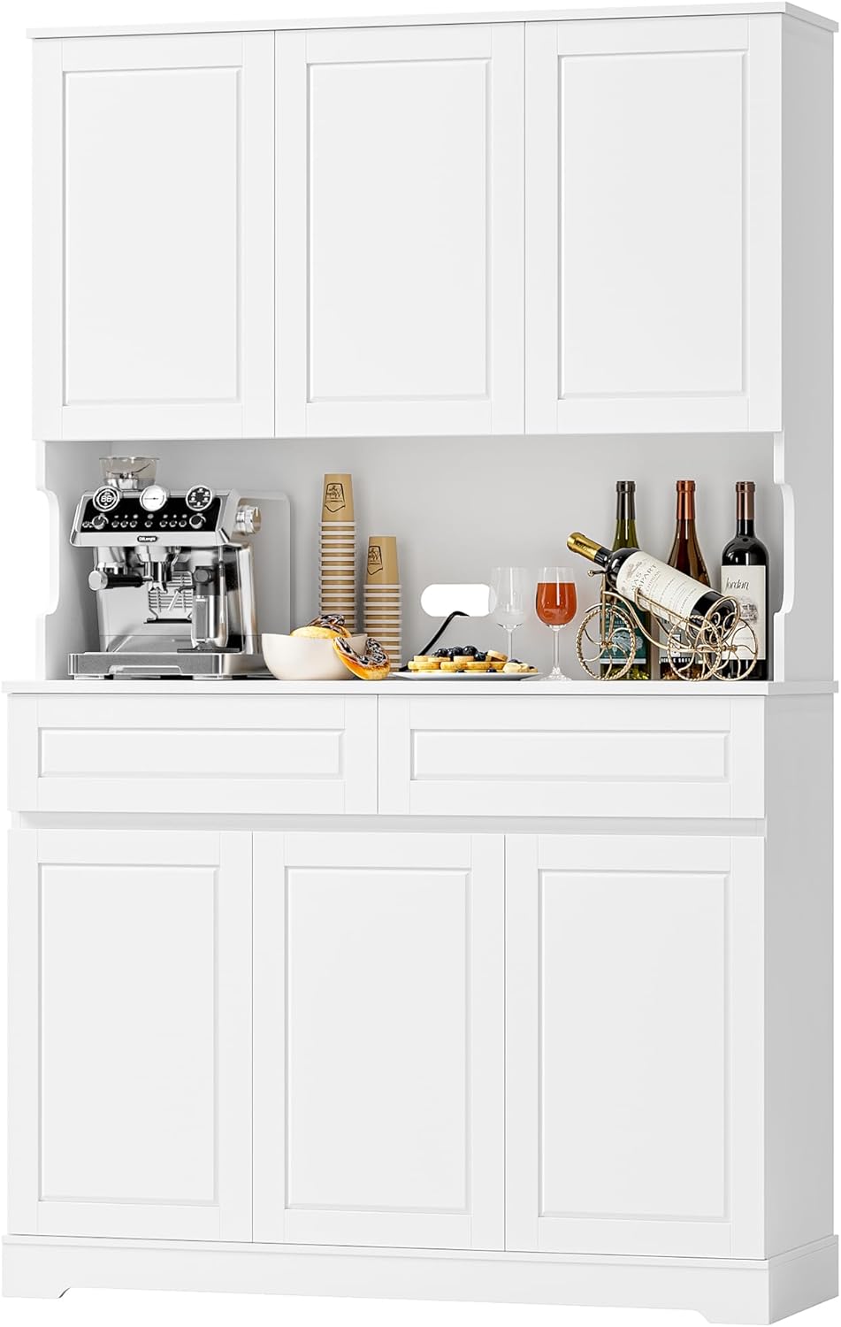 FACBOTALL 74' Pantry Cabinet, Tall Kitchen Pantry Cabinet with 6 Doors and 2 Drawers, Kitchen Hutch with Wide Countertop, Modern Kitchens Cupboard with Adjustable Shelves and Charge Holes, White