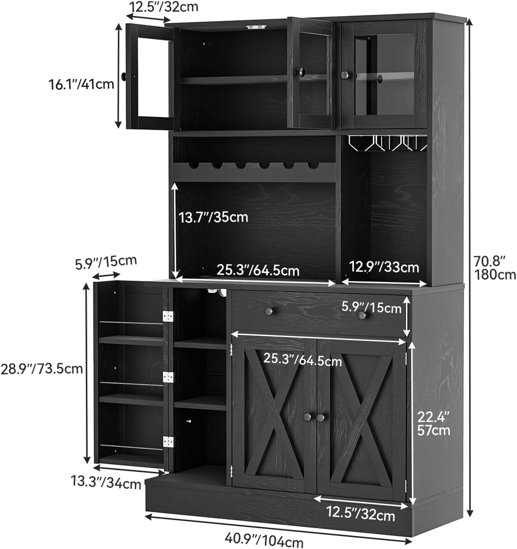 YITAHOME 71''H Kitchen Pantry Cabinet with Drawer, Doors, Goblet Holder, Wine Rack for Storage, Tall Cabinet with Power Outlet for Kitchen & Living Room (Black Oak)