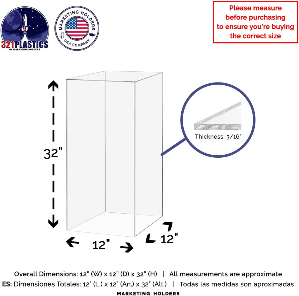 Tall Display Box Clear Acrylic 12' x 12' x 32' No Lid Hollow Pedestal 5 Sided Vertical Rectanugular Display Tower Dust Cover Bin Collectible Items Elevated Multi Use Showcase by Marketing Holders