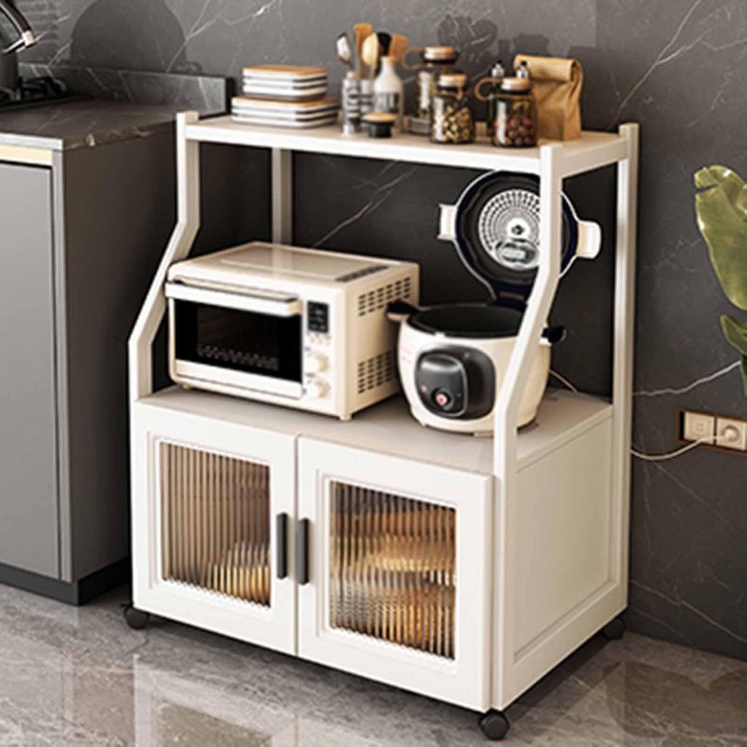 Floor Standing Kitchen Cart Rack, Bakers Rack with Hutch, Microwave Stand Shelf with Power Outlet for Entryway, Kitchen, Living Room, Bathroom(50x44x89cm)