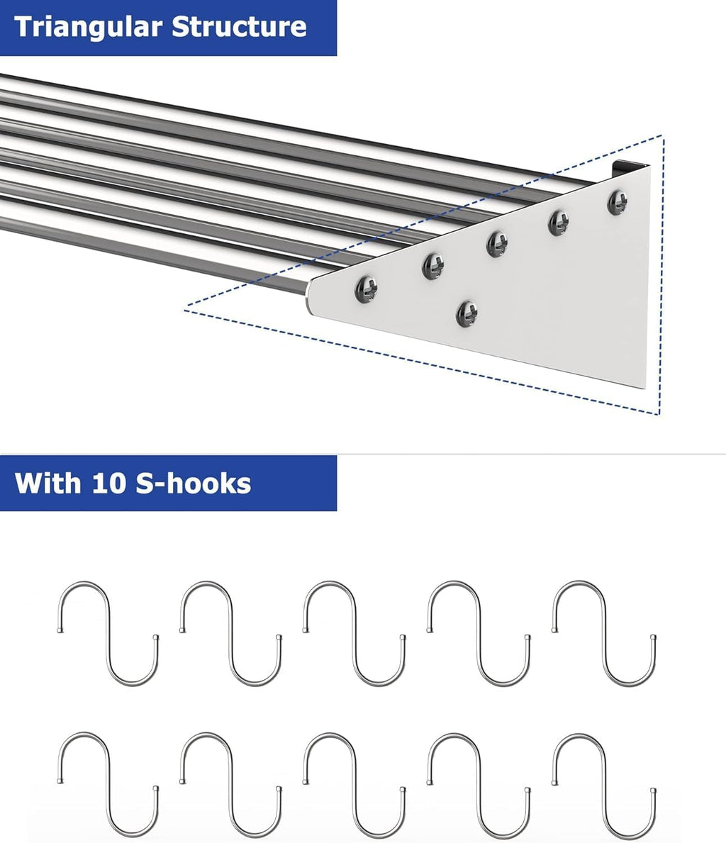 GAOMON 2 Pack Wall Mount Shelves 12' x 36' NSF Certified Stainless Steel with 10 S Hooks - Versatile Metal Storage Racks with Backsplash for Organizing Cookware in Home and Kitchen