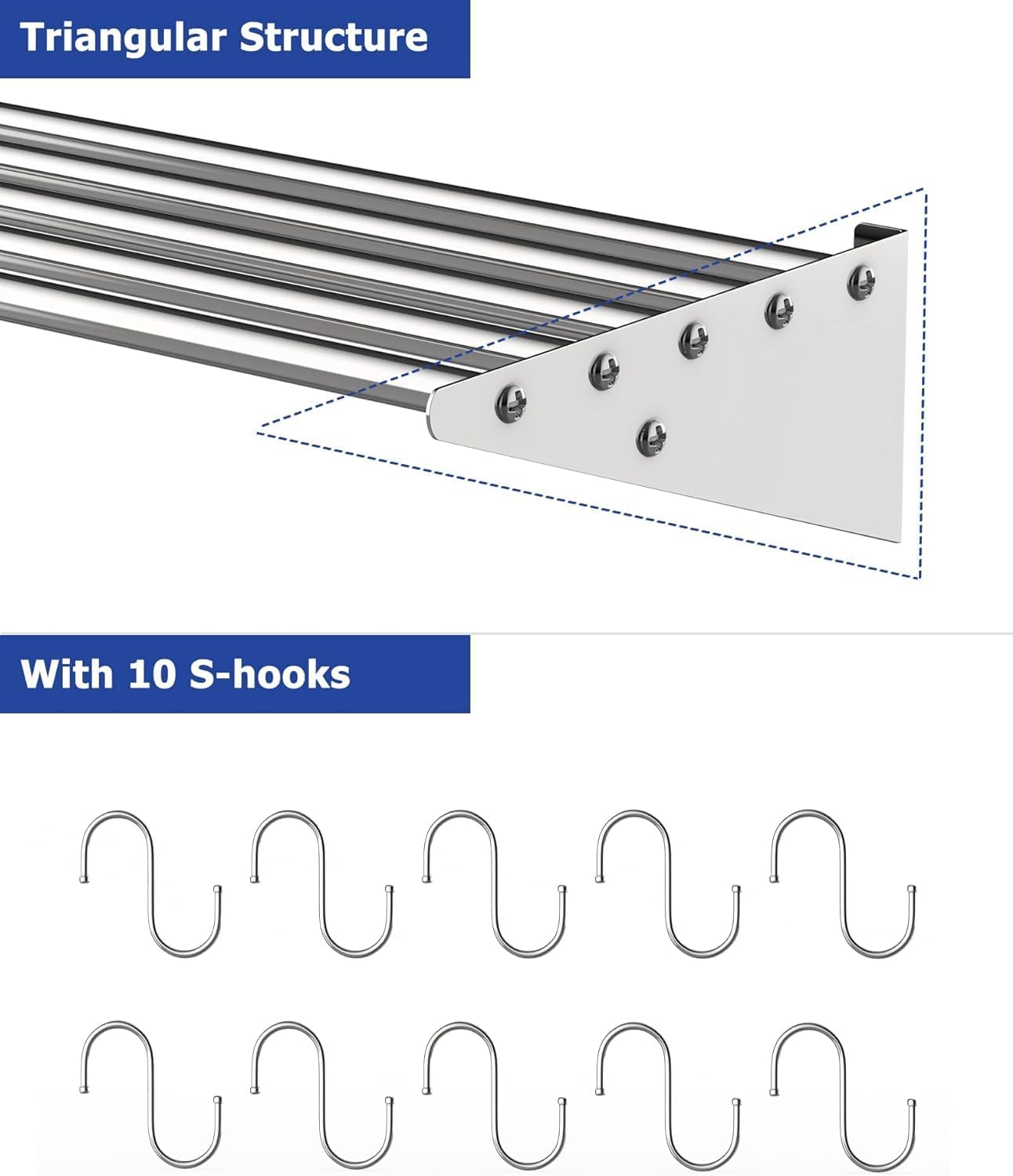 GAOMON 2 Pack Wall Mount Shelves 12' x 36' NSF Certified Stainless Steel with 10 S Hooks - Versatile Metal Storage Racks with Backsplash for Organizing Cookware in Home and Kitchen