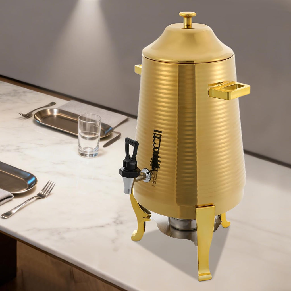 13L Stainless Steel Beverage Dispenser with Stand, Dual Heating Hot Drink Dispenser with Temperature Control, Electric & Alcohol Heating Juice Container for Hot or Cold Drinks, or Catering Use,Gold