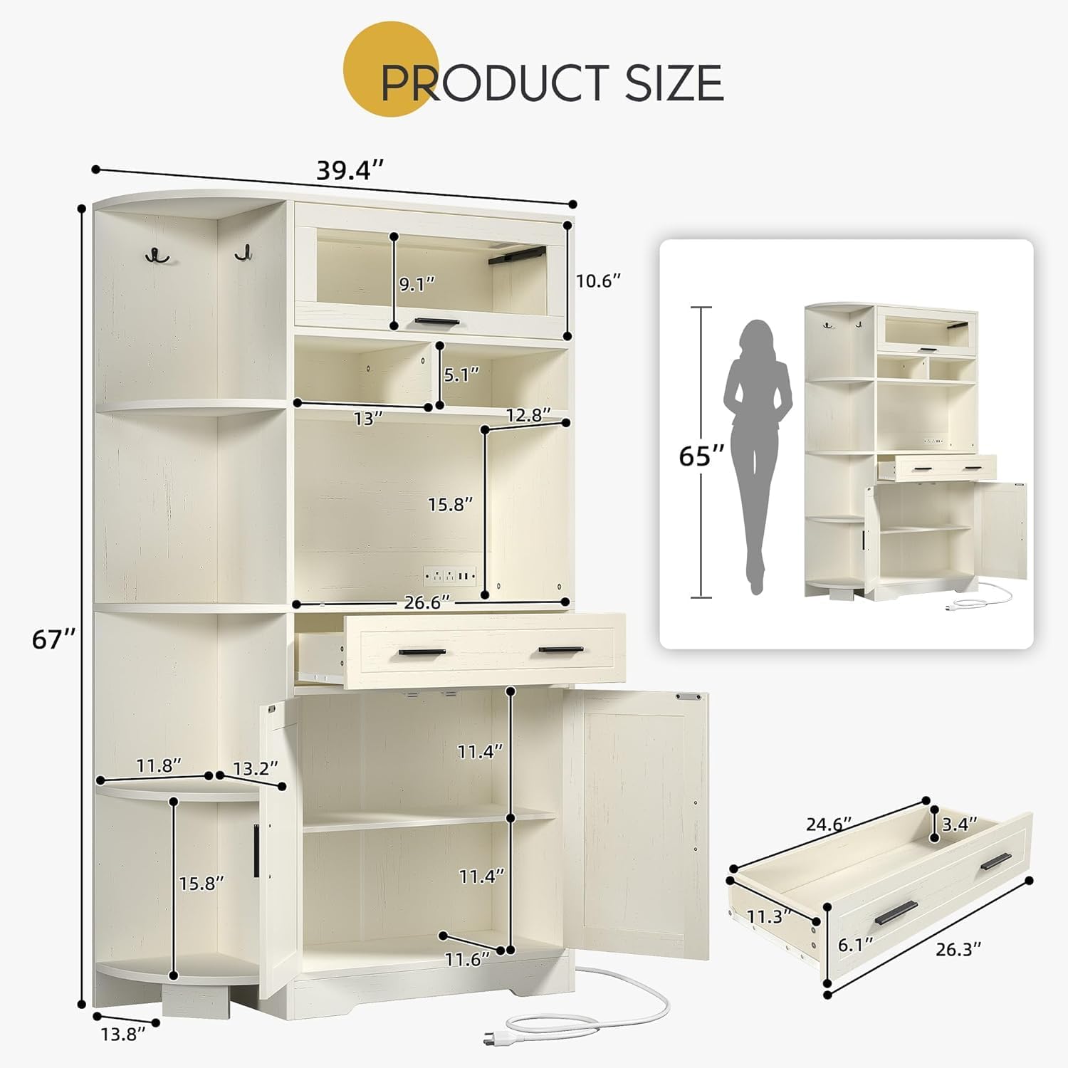 YITAHOME Kitchen Pantry Storage Cabinet, 67' Tall Kitchen Hutch with Outlet & Door & Shelves & Drawer, Farmhouse Wooden Microwave Stand Buffet Coffee Bar for Home Living Dining Room, Off-White