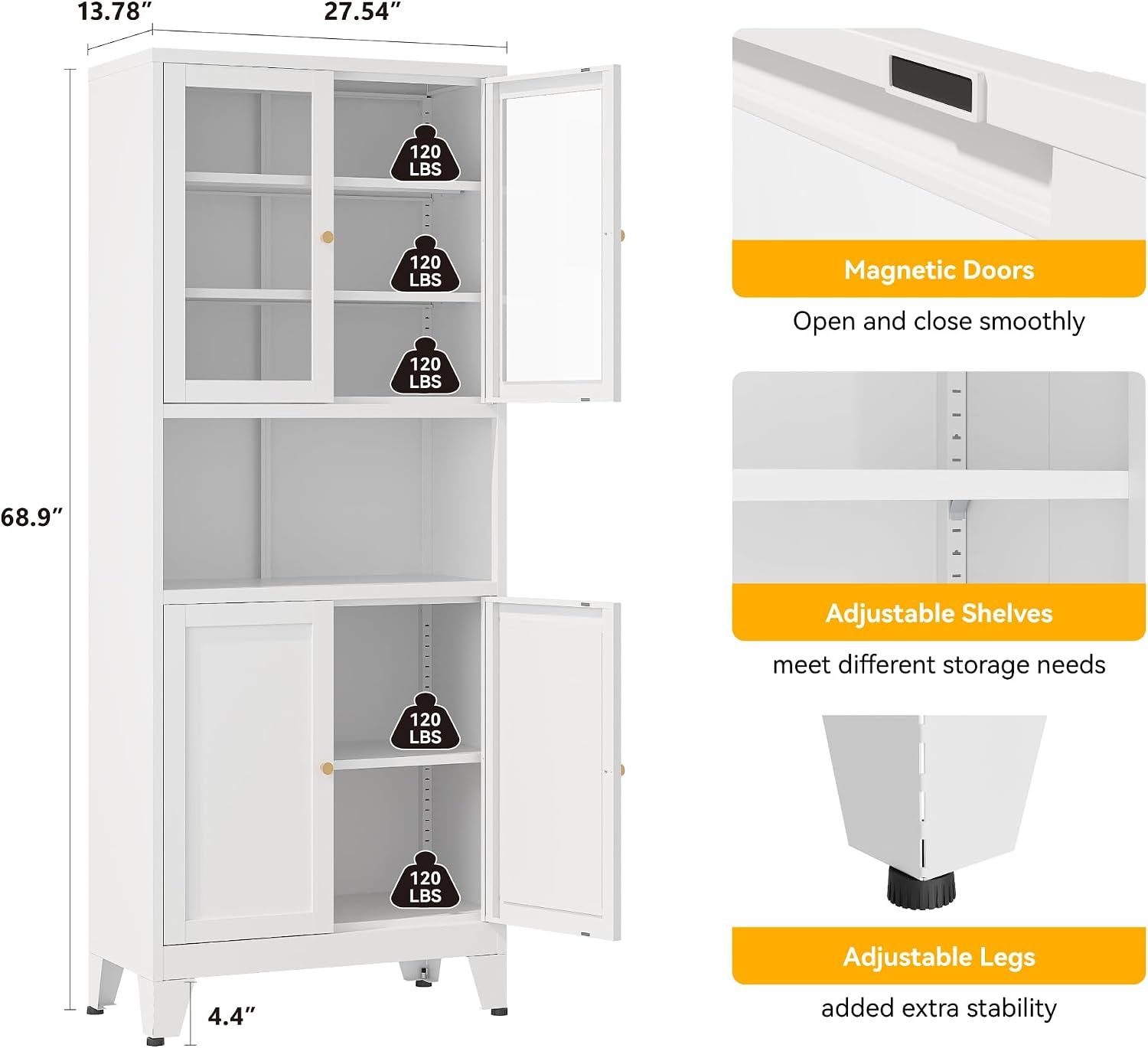 YAUWOH 69' Tall Metal Pantry Cabinet with Microwave Shelf, 2 Glass Doors & 3 Adjustable Shelves, 120LBS Per Shelf Heavy Duty Storage Cabinet with Anti-Tip Design for Kitchen,Dining Room (1PC,White)