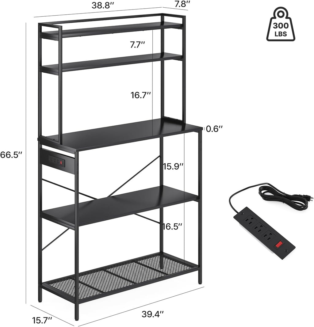 Large 5 Tier Bakers Rack with Electrical Outlets, 39 Inch Microwave Stand Coffee Bar, Kitchen Storage Shelf for Home, Counter Space Organizer
