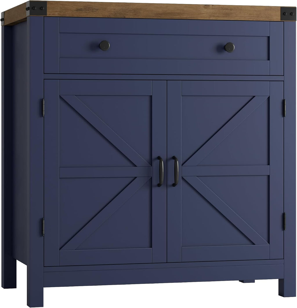 HOSTACK Coffee Bar Cabinet, Kitchen Storage Cabinet, Modern Farmhouse Buffet Sideboard with Drawer & Adjustable Shelf, Barn Door Accent Cabinets for Kitchen, Dining Room, Entryway, Blue/Rustic Brown