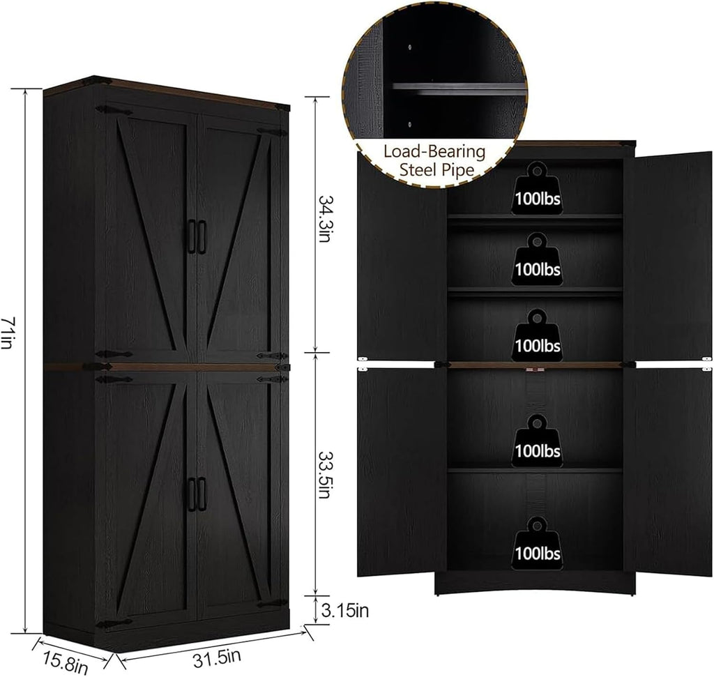 Hlivelood 71' Tall Kitchen Pantry,Farmhouse Storage Cabinet with Adjustable Shelves,Load-Bearing Steel Pipe,Farmhouse Pantry Cabinet with 4 Barn Doors,for Kitchen,Dining Room,Living Room(Black)