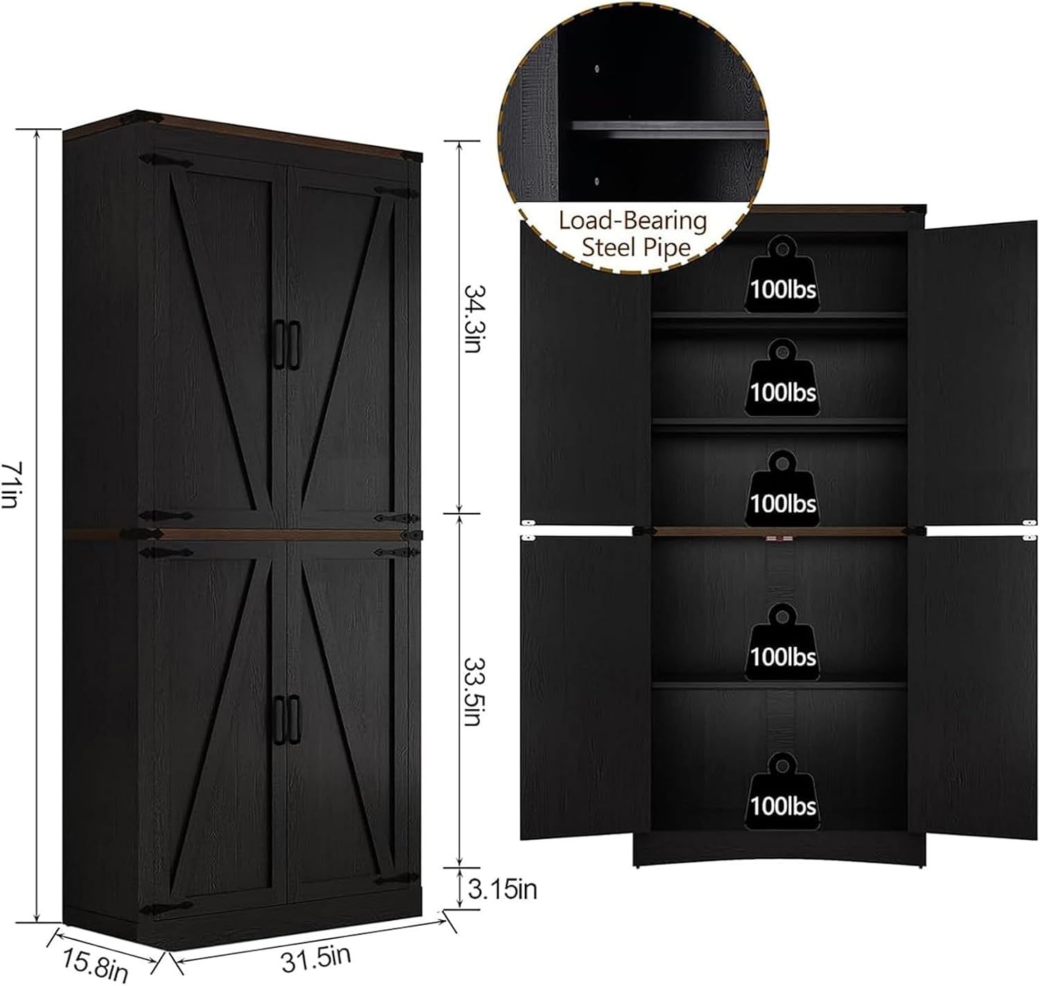 Hlivelood 71' Tall Kitchen Pantry,Farmhouse Storage Cabinet with Adjustable Shelves,Load-Bearing Steel Pipe,Farmhouse Pantry Cabinet with 4 Barn Doors,for Kitchen,Dining Room,Living Room(Black)