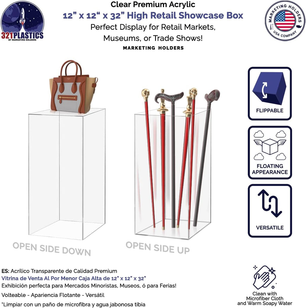 Tall Display Box Clear Acrylic 12' x 12' x 32' No Lid Hollow Pedestal 5 Sided Vertical Rectanugular Display Tower Dust Cover Bin Collectible Items Elevated Multi Use Showcase by Marketing Holders