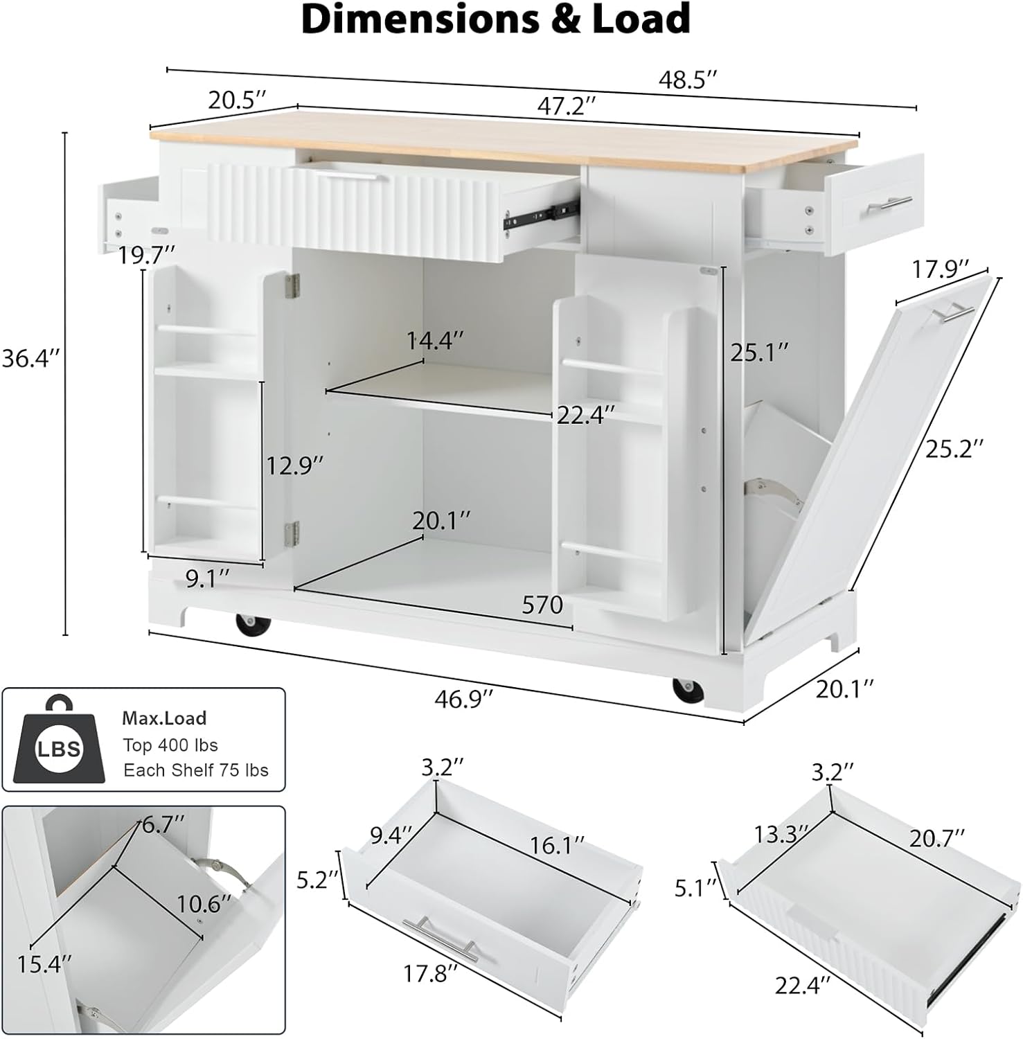 Fluted Kitchen Island with Trash Can Storage Cabinet, Kitchen Island Cart with 3 Drawer, 3 Open Side Racks for 10 Gallon Garbage Bin, Rolling Island with Power Outlet&Internal Storage Rack, White
