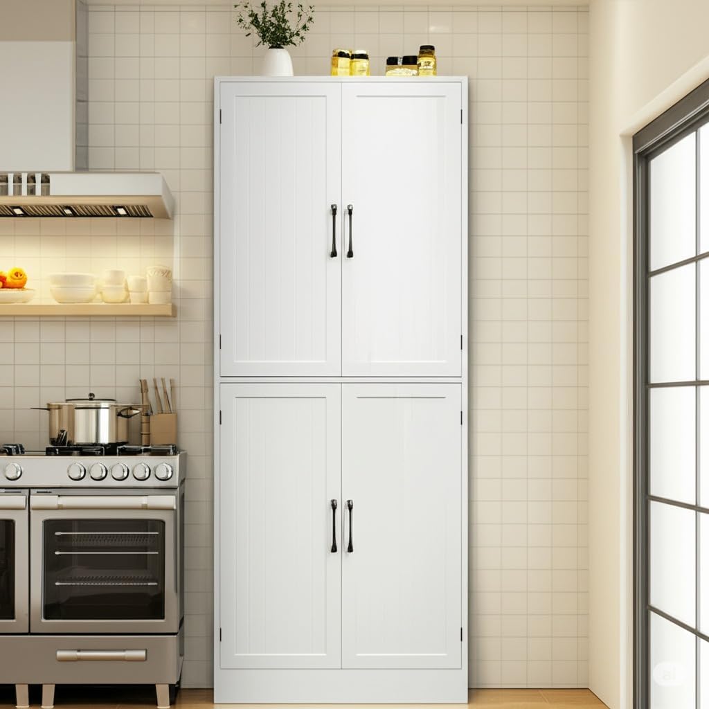 MHOM 71' Tall White Pantry Cabinet, Farmhouse Storage Cabinet with 4 Doors and Adjustable Shelves, Freestanding Pantry for Dining Room, Kitchen, and Living Room