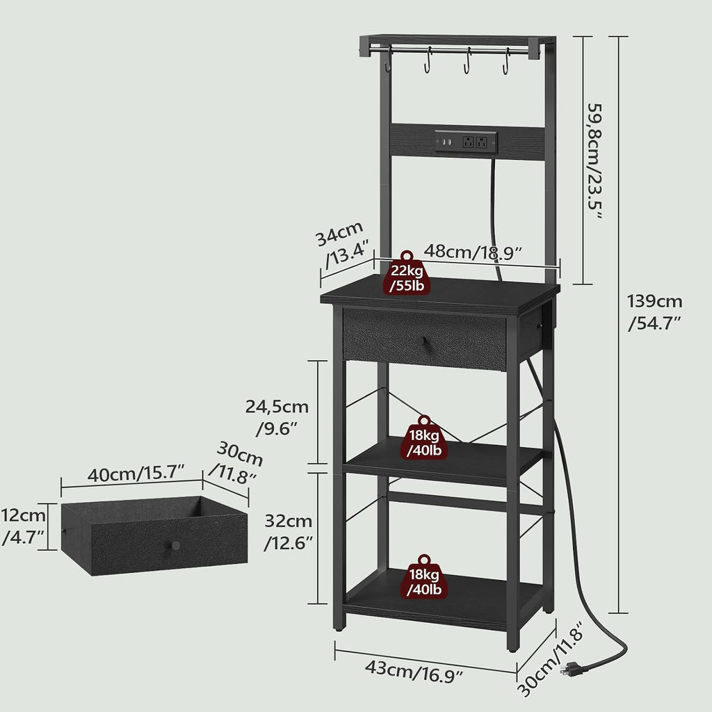 MAHANCRIS Bakers Rack with Mini Fridge Shelf and Bakers Rack with Drawer Bundle, Microwave Stand with Power Outlet, BRHR5401-BRBK48E01
