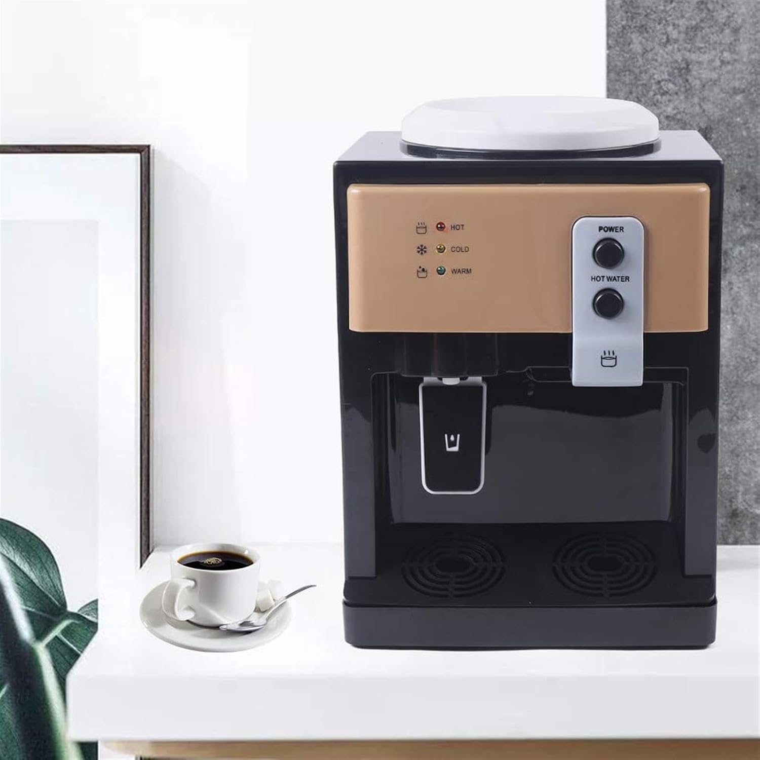 550W Electric Desktop Water Dispenser for 3 to 5 Gallon,Countertop Water Cooler Dispenser with Hot Cold and Room Temperature Water,Brown,W Refrigeration (Brown No Refrigeration)