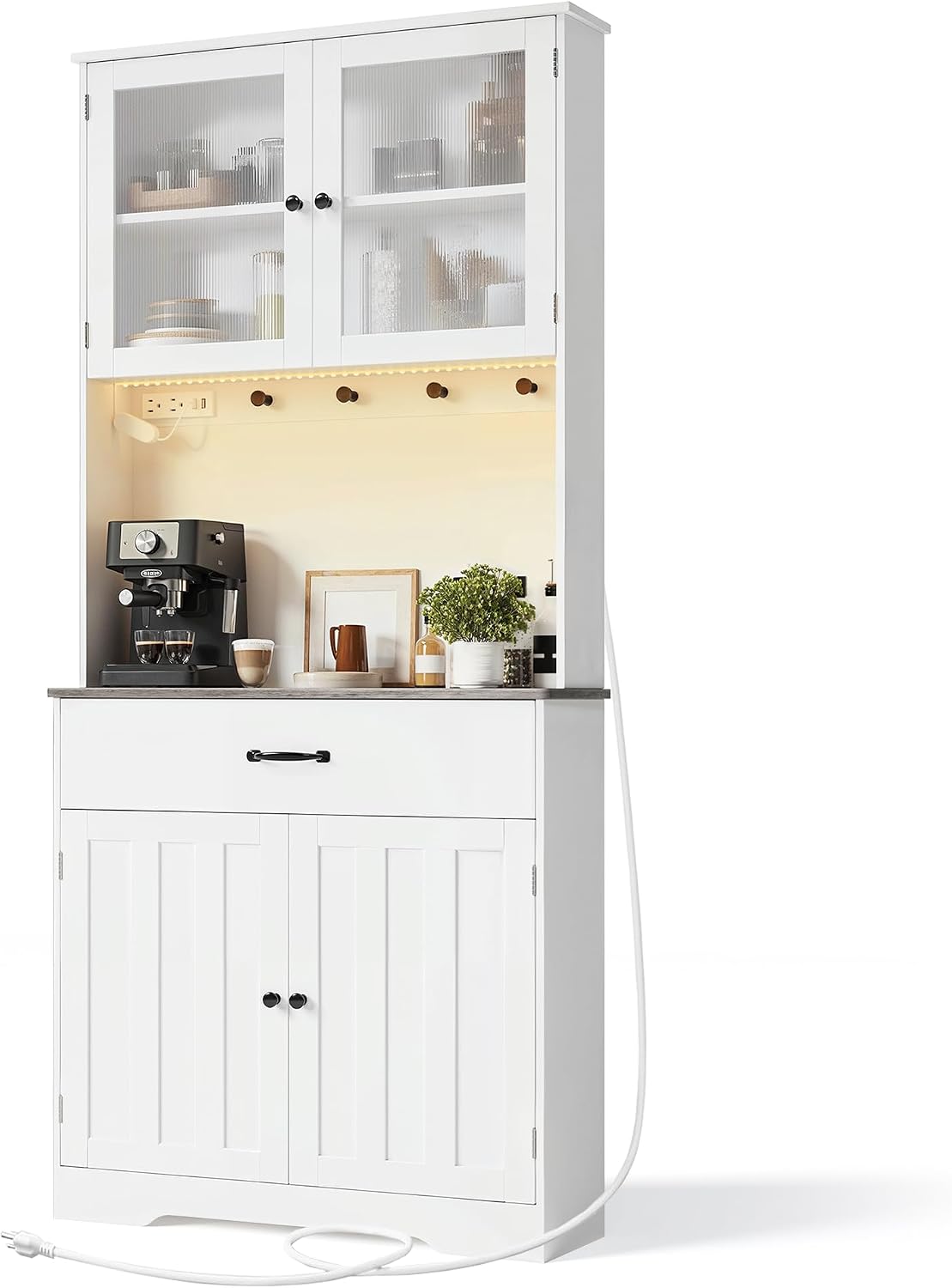Gizoon 71' H Pantry Cabinet with LED Lights, Tall Farmhouse Kitchen Storage Cabinet with Charging Station, Modern Coffee Bar with Doors and Drawers, for Dining Room, Tabletop-Grey