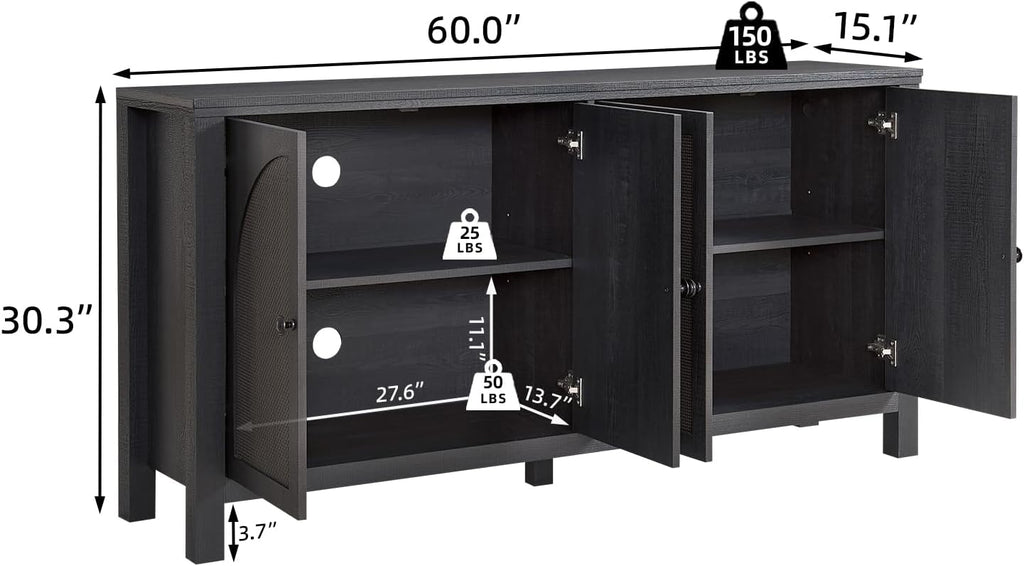 Okvnbjk Sideboard Buffet Cabinet with Storage, 60inch Kitchen Buffet Table with Soft Closing Door Hinges, Rattan Coffee Bar Cabinet for Living Room, Dining Room, Black