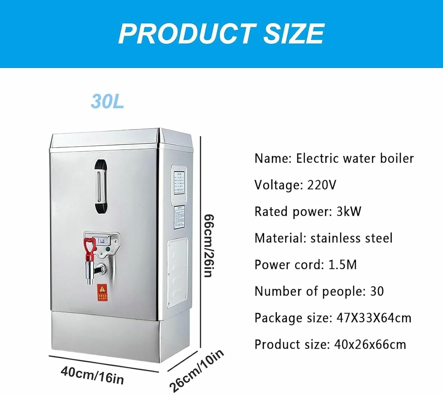 3KW Drinking Hot Water Boiler, 30L Commercial Stainless Steel Hot Water Dispenser with Non Drip Tap, Insulation Function, for Canteen, School, Company, Factory, Warehouse
