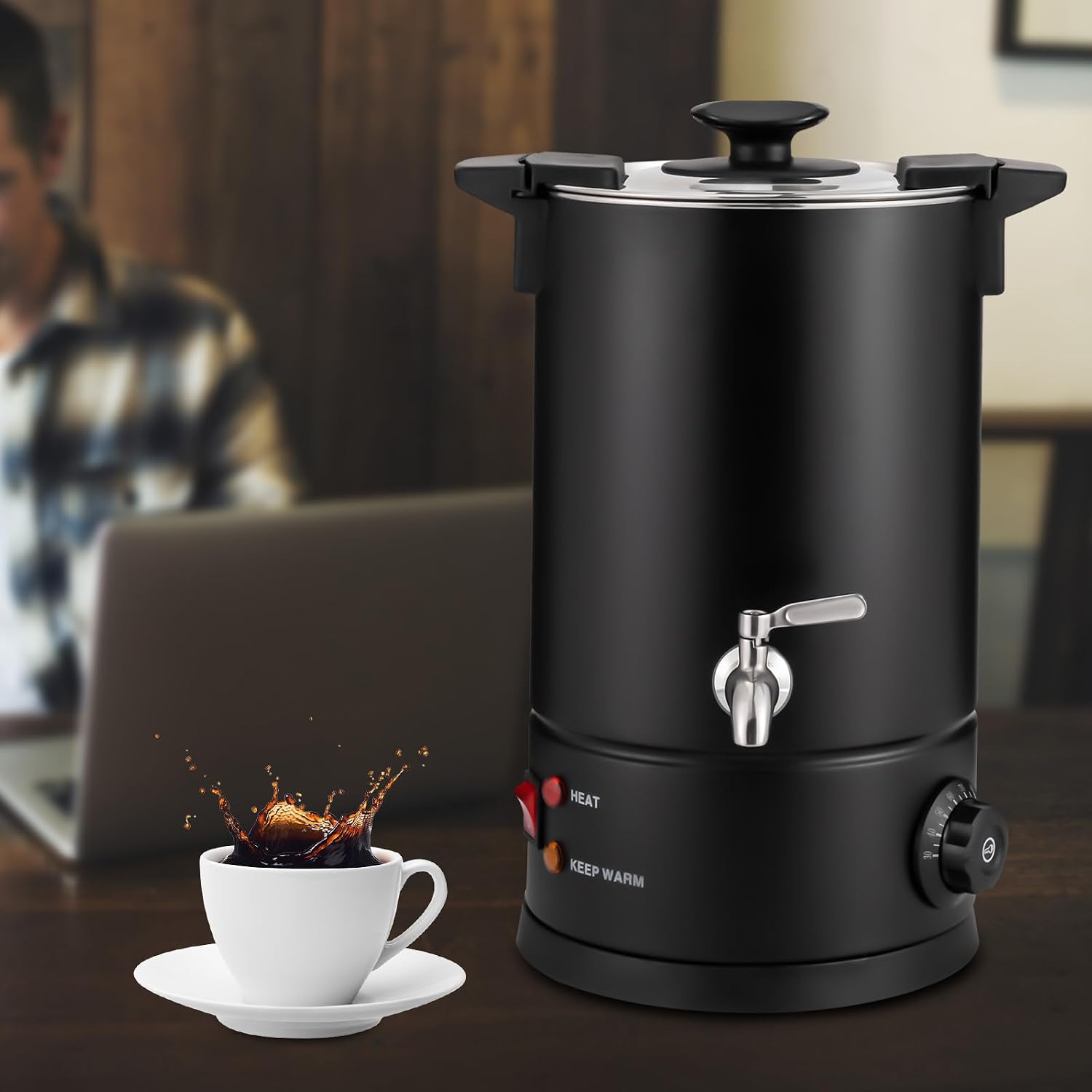 1KW Electric Coffee Urn & Hot Water Dispenser - 8L Stainless Steel Tea, Coffee & Hot Chocolate Maker for Cafes, Buffets, Offices & Catering - Temperature Range 30-110°C/86-230°F