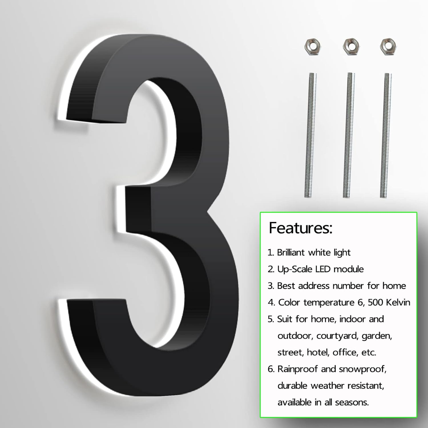 Modern LED House Number, Backlit Floating LED Home Address Numbers, Stainless Steel Black Light Up House Number For Outside, Yard, Street, White Light,20 Inch,0