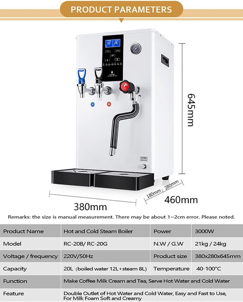 Commercial Steam Milk Frother 3000W Double Head Hot&Cold Water Heaters,20L Steam Milk Foam Machine Adjustable Temperature Control Milk Tea Equipment