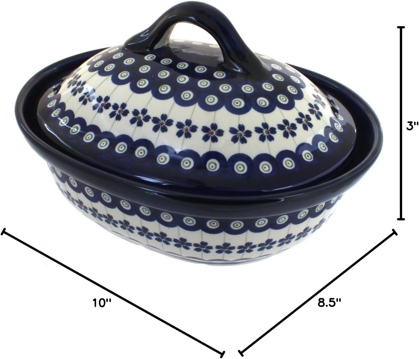 Blue Rose Polish Pottery - Blue Flowering Peacock Small Oval Baker with Lid - 4 Cup Capacity - Unique, Dishwasher Safe, & Durable Bakeware