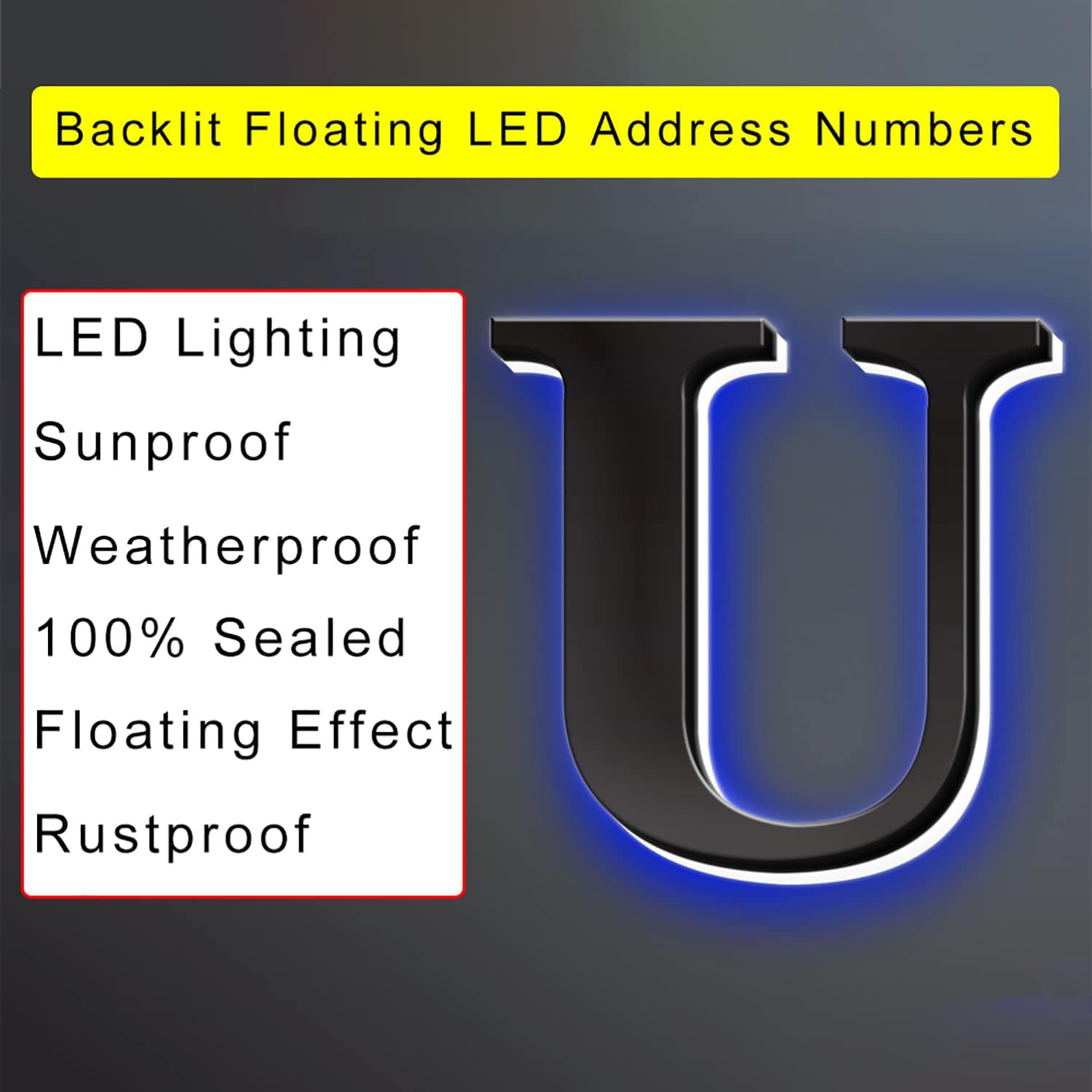 House numbers light up, Stainless Steel Lighted House Numbers For Outside, Up-Scale Modern Black Look, Illuminated House Numbers, Blue Light.