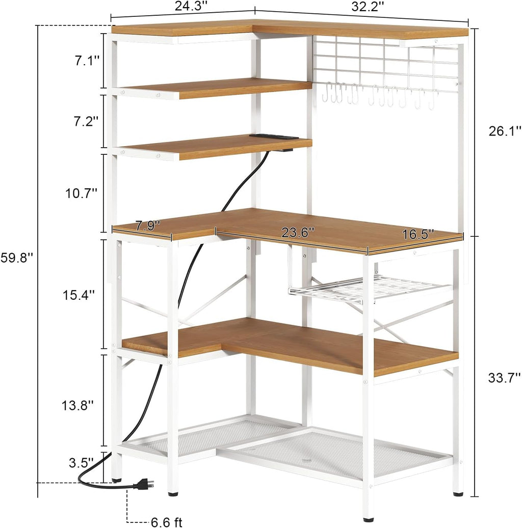 L-Shaped Bakers Rack with Power Outlet, 6-Tier Microwave Stand with Open Storage, Kitchen Shelf with Hooks, Coffee Bar with Wire Basket, White
