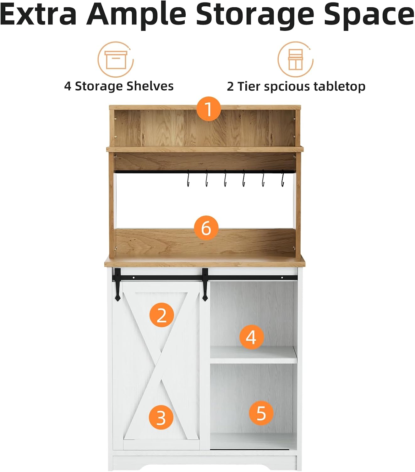 BestHaped Farmhouse Coffee Station with 3 Tier Storage Hutch & 6 Hooks - 56 Inch Small Coffee Bar Table with Adjustable Shelves for Living/Dining Room