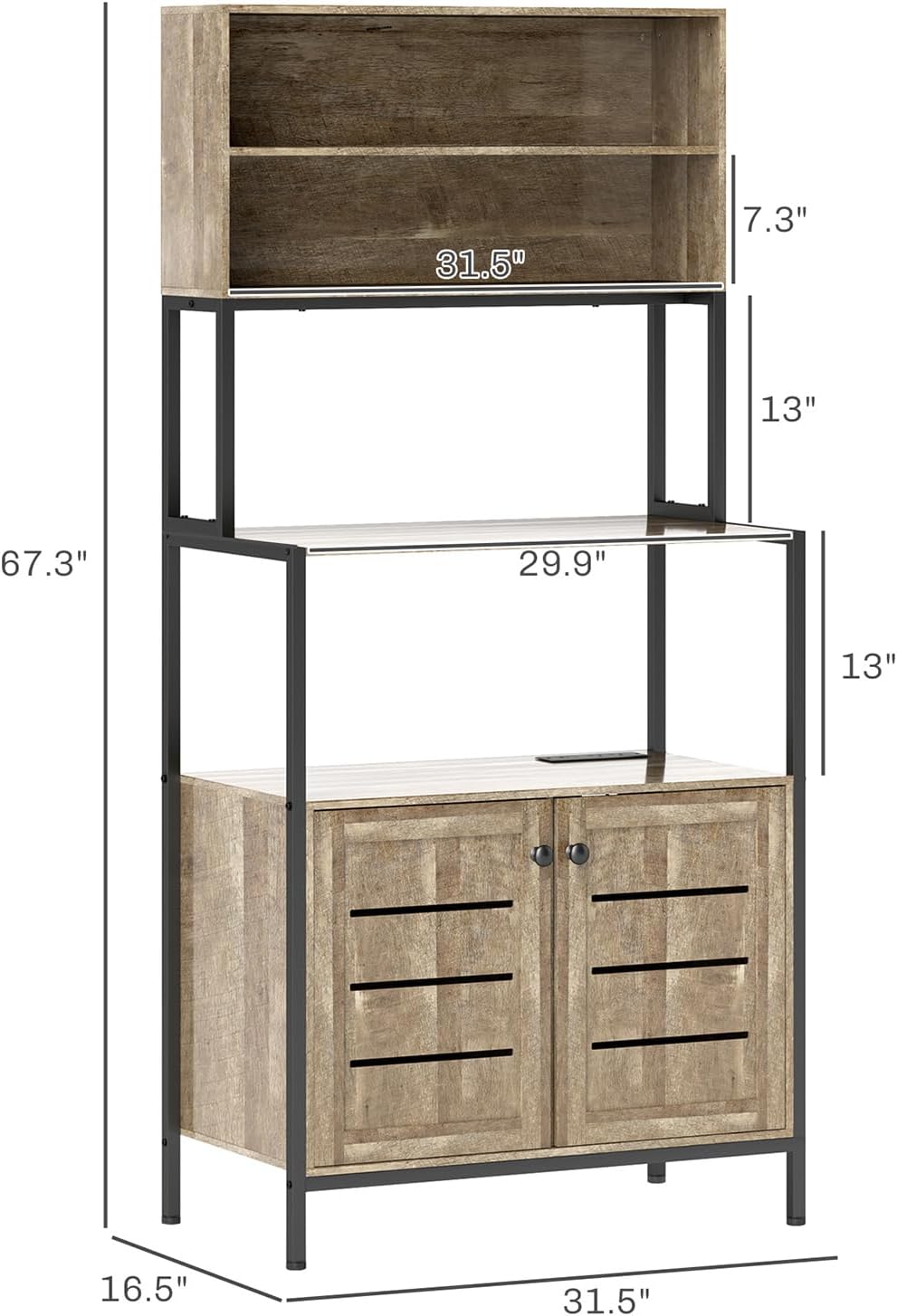 Bake Rack with Power Outlet, Kitchen Microwave Rack with Storage Space, Two Ac Outlets and Two U+B Ports, Rustic Brown (Gray)