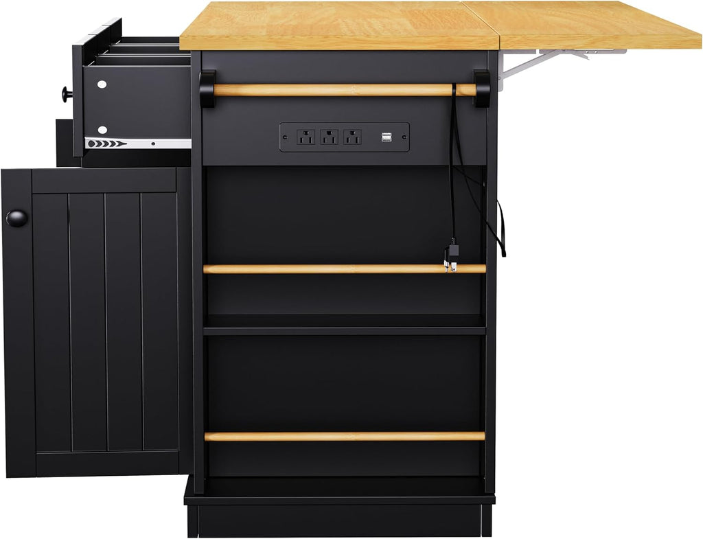 Classic Large Kitchen Island with Drop Leaf, Power Outlet, Door Internal Storage Rack, Rolling Kitchen Storage Cart on 5 Wheels with 5 Open Side Racks, 3 Drawers for Home, Dining Room (Black/Wheels)