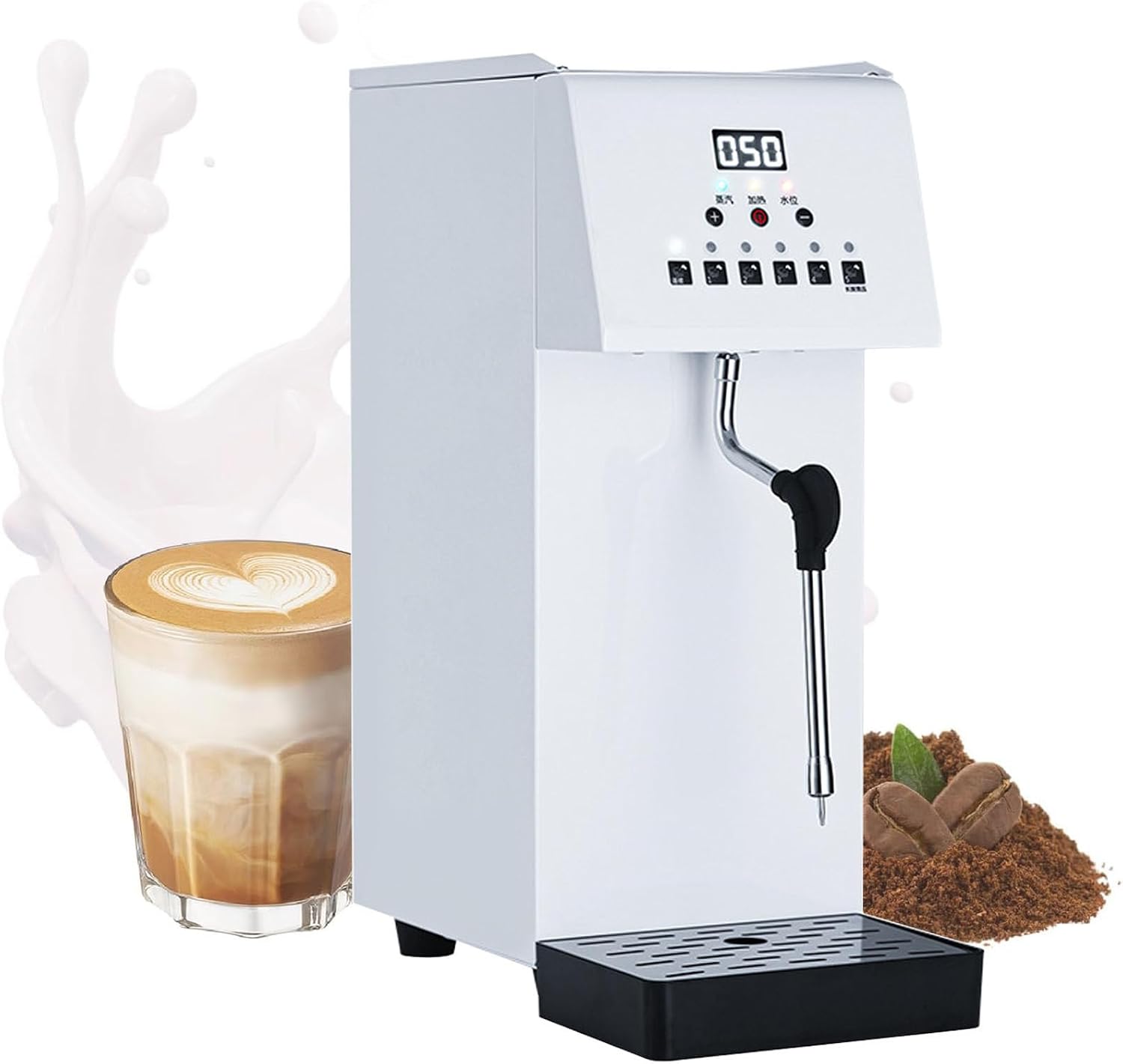 Milk Frother,Stainless Steel Milk Foam Maker, Steam Boiling Hot Water Dispenser, 2500W Boiler Electric Commercial Bubble Tea, 6L Stainless Steel Tank, 360° Steam Spray, L,
