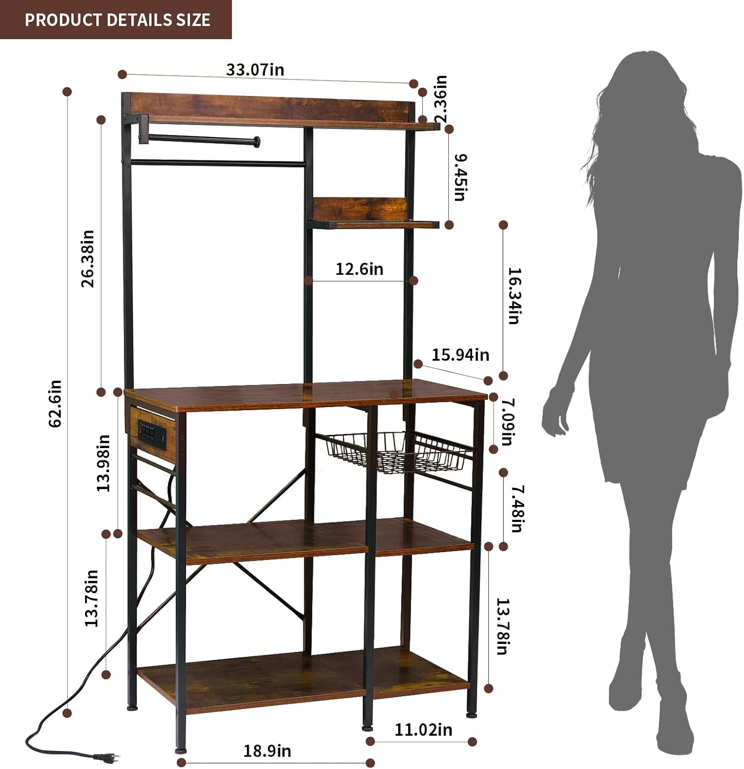 Bakers Rack with Power Outlet, Microwave Stand with Storage, Coffee Bar with S Shaped Hooks, Kitchen Shelf with Wire Basket, Metal Bakers Rack for Spices, Pots (Brown)