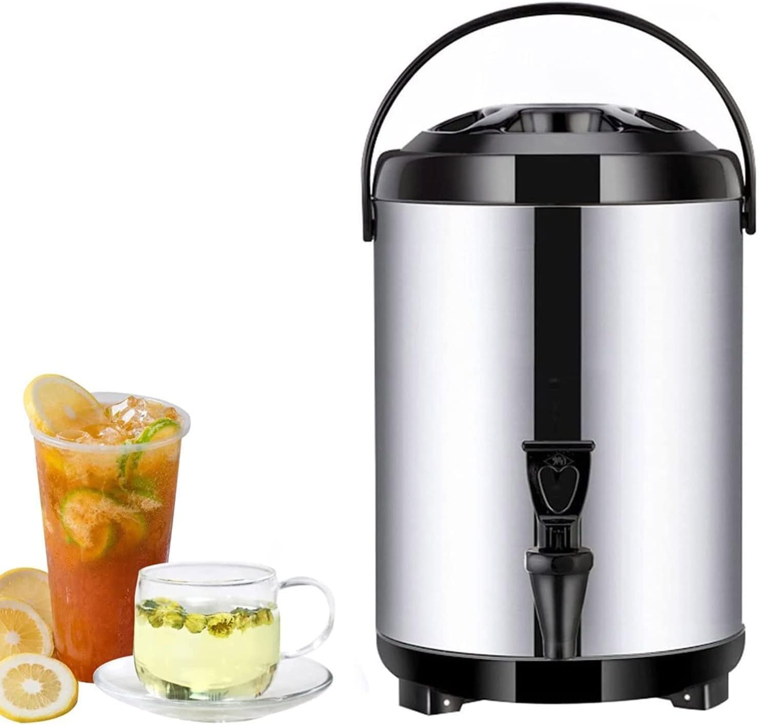 Boiler Warmer Coffee Urn Stainless Steel Hot Water Kettle Dispenser with Cover and Spigot, Milk Tea Bucket Insulated Barrel for Hot Water or Beverage/Black/8L