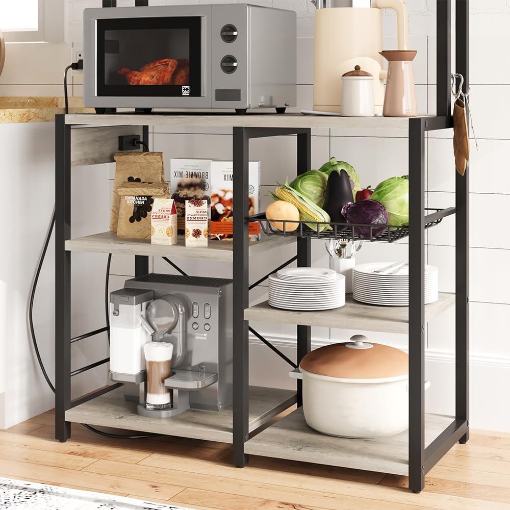 Bakers Rack with Power Outlet, 5-Tier Microwave Stand with Wire Basket, Coffee Bar Station, Kitchen Open Storage Shelves for Spices, Dishes, Gray