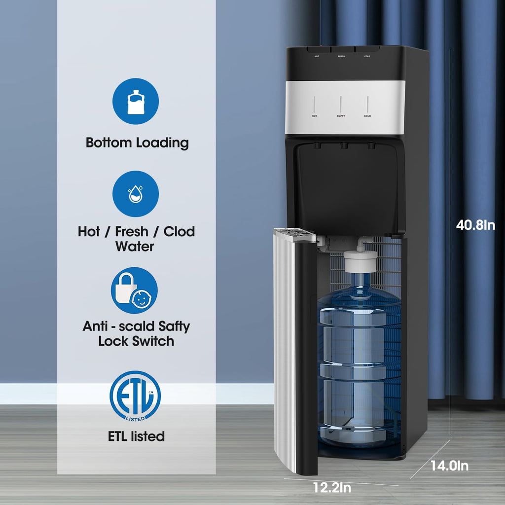 VECYS Self-Cleaning Bottom Loading Water Dispenser for 3-5 Gallon Bottle, 304 Stainless Steel Reservoirs & Intake Tube, Hot Cold Room Temperature Water Cooler, Child Safety Lock