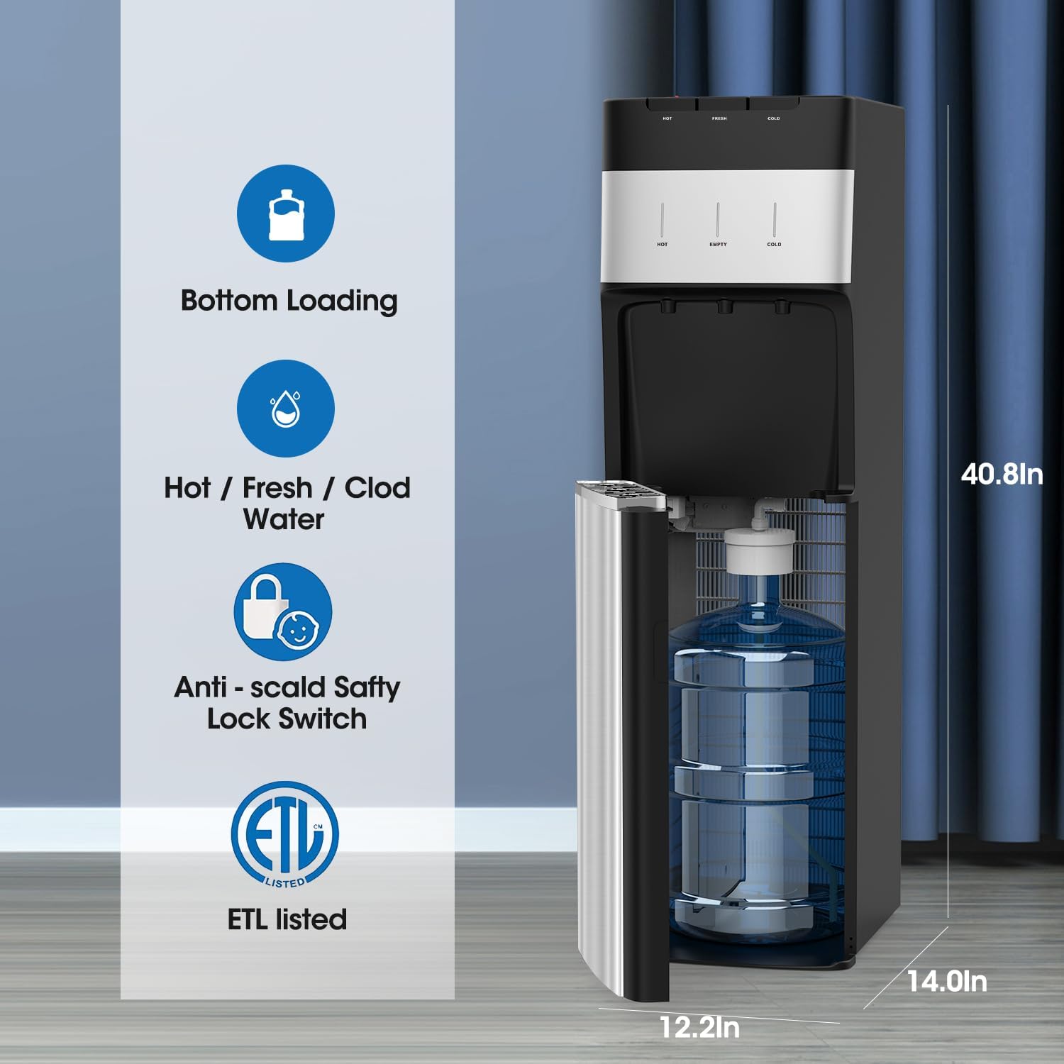 VECYS Self-Cleaning Bottom Loading Water Dispenser for 3-5 Gallon Bottle, 304 Stainless Steel Reservoirs & Intake Tube, Hot Cold Room Temperature Water Cooler, Child Safety Lock