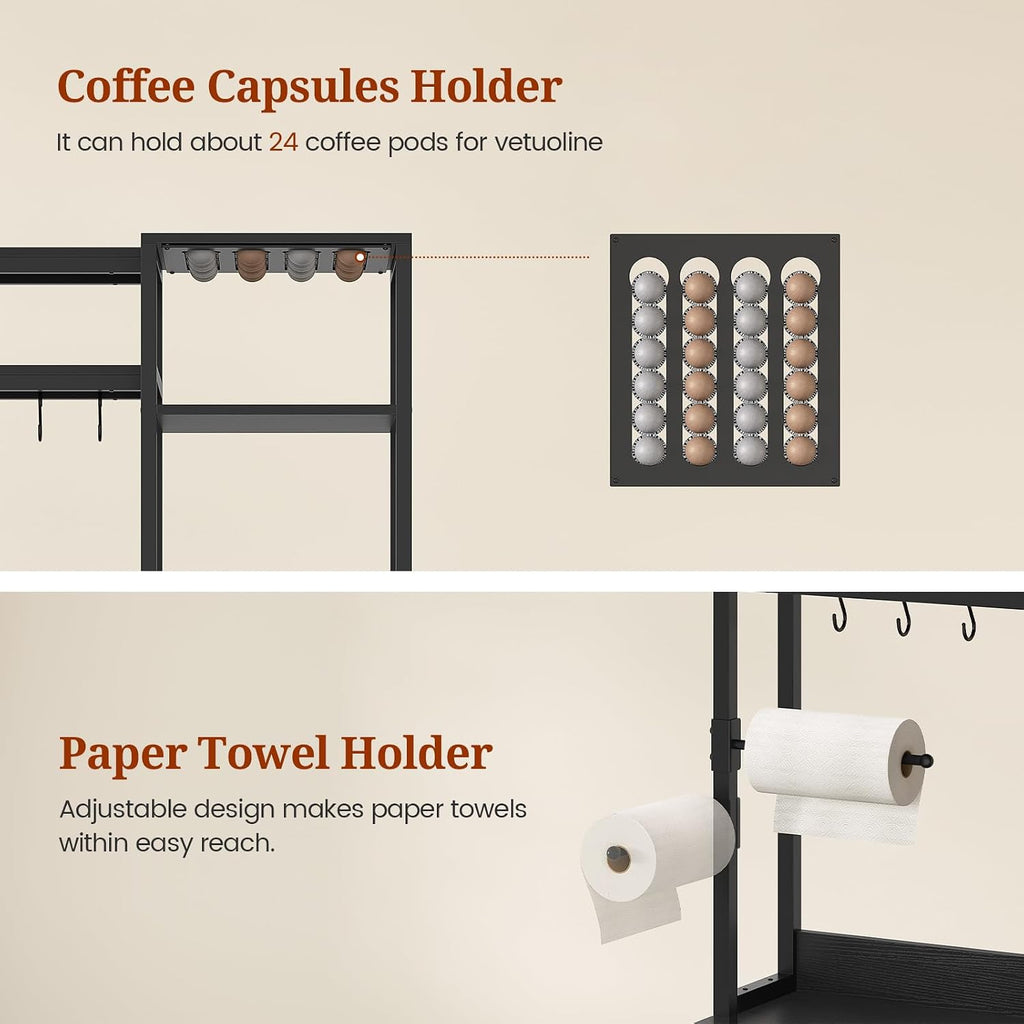 47.2 in Bakers Rack with Power Outlet & LED Light, Coffee Bar with Coffee Pod Holder for Vetuo, Kitchen Microwave Stand with Storage Shelves, Paper Holder, Cabinet, Wire Basket, 8 Hooks (Black)