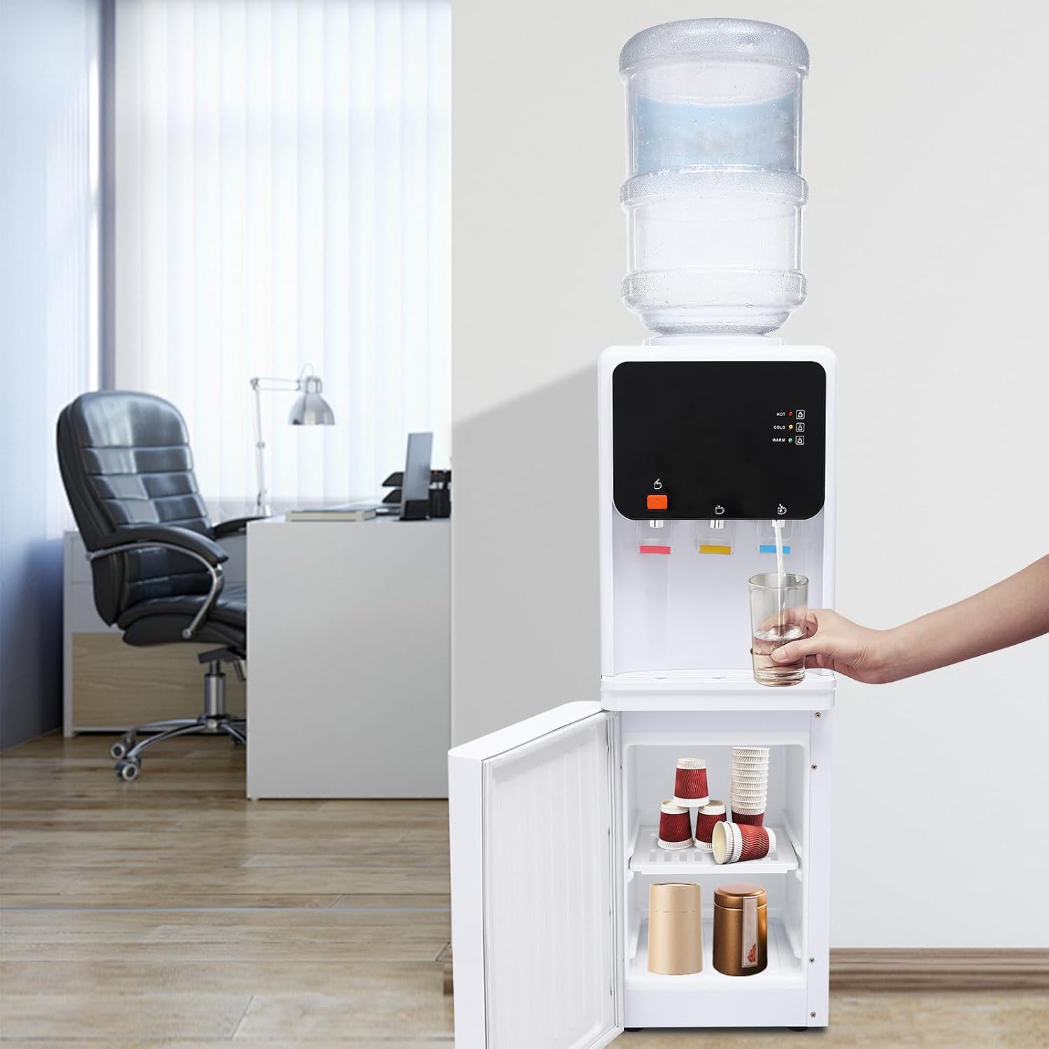 Top Loading Water Cooler Dispenser for 1 to 4 Gallon Bottles - Electric Hot and Cold Dispenser with 3 Temperatures and Child Safety Lock, Ideal for Tea Brewing, Office and Home