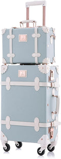 UNIWALKER Vintage Luggage Set, 2 Piece Women Carry on Trolley Suitcase with Spinner Wheels, Handcraft Leather Travel Bag with Cosmetic Train Case, 20'+12', Embossed Blue
