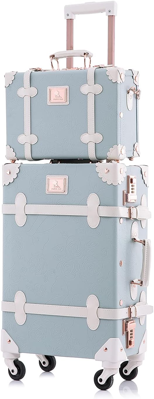 UNIWALKER Vintage Luggage Set, 2 Piece Women Carry on Trolley Suitcase with Spinner Wheels, Handcraft Leather Travel Bag with Cosmetic Train Case, 20'+12', Embossed Blue