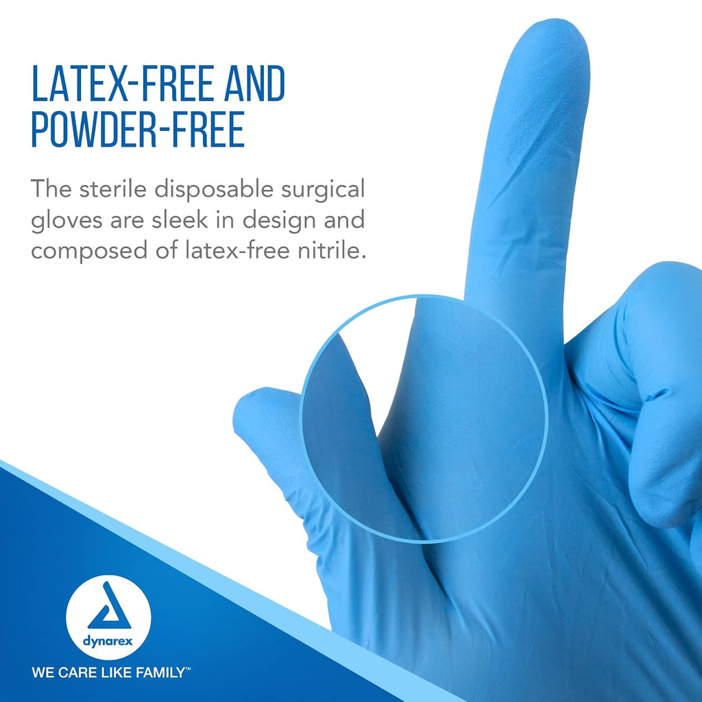 Dynarex Sterile Disposable Nitrile Exam Gloves, Powder-Free, Sterilely Packaged in Pairs, Textured Palms, Blue, Small, 1 Case - 8 Boxes of 50 Pairs