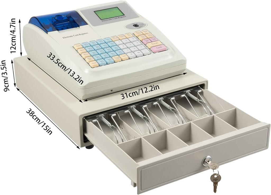 Bepritm 48 Keys Commercial Cash Register, Electronic Cashier Cash Register with Drawer Box&LED Display, Cash Management System for Small Businesses, Retailers, Supermarkets (White)