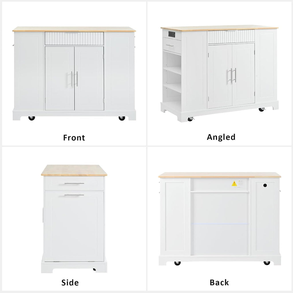 Fluted Kitchen Island with Trash Can Storage Cabinet, Kitchen Island Cart with 3 Drawer, 3 Open Side Racks for 10 Gallon Garbage Bin, Rolling Island with Power Outlet&Internal Storage Rack, White