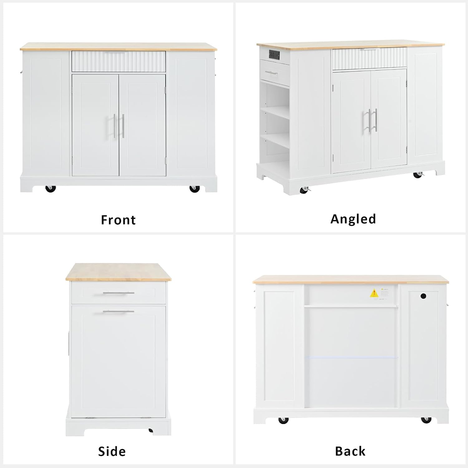 Fluted Kitchen Island with Trash Can Storage Cabinet, Kitchen Island Cart with 3 Drawer, 3 Open Side Racks for 10 Gallon Garbage Bin, Rolling Island with Power Outlet&Internal Storage Rack, White