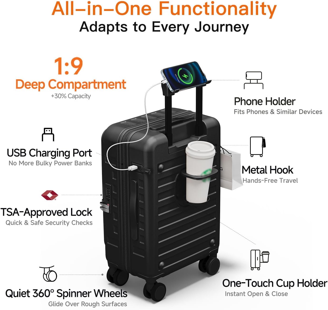 Expandable Lightweight PC Hard Shell Suitcase, 24-inch Luggage with TSA Lock, Top Opening & Cup Holder - Ideal for Business Travel Suitcase (Black, Checked-Medium 24-Inch)