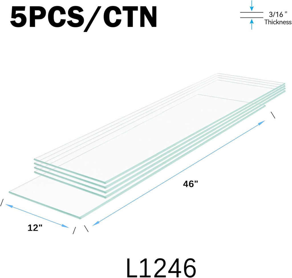 Floating Shelves - Pack of 5 Tempered Glass Shelves, 12' W x 46' L, 3/16' Thick, Polished Edges-– Rectangular Replacement Shelves for Cabinets, Display Cases & Retail Fixtures